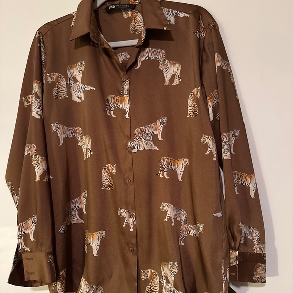 Zara Tops - Zara brown oversized button down printed shirt, Sz Small